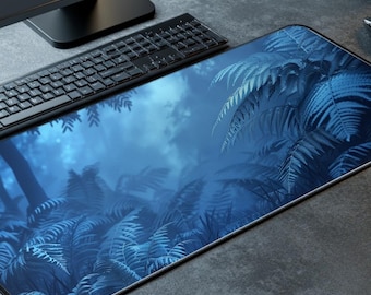 Midnight Forest Desk Mat - Blue Fern Mouse Pad, Dark Botanical Office Decor, Moody Workspace Nature Gaming Mat