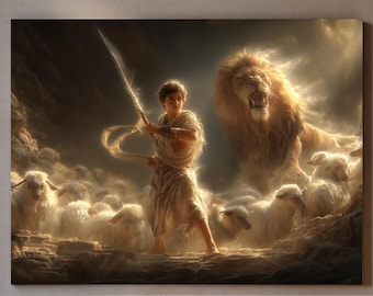 David and Lion Canvas Print | Shepherd Protecting Sheep Biblical Scene | Old Testament