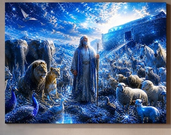 Noahs Ark Decor | Biblical Animal Scene on Canvas | Artwork for Home, Church, Nursery