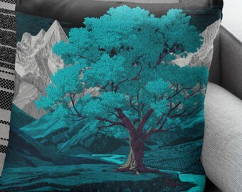 Turquoise Tree of Life Mountain Landscape Throw Pillow Teal Nature Wilderness Cabin Decor Scenic Accent Cushion
