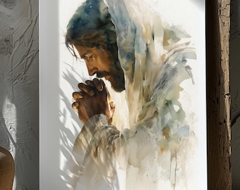 Jesus in Prayer Art | Faith-Inspired Canvas Home Decor | Watercolor Minimalist Design