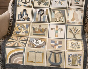 Christian Woven Throw Blanket – Faith Symbols, Heirloom Quilt Design