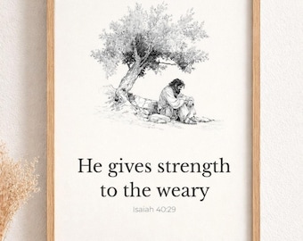 Christian Wall Art Printable – Elijah Under the Tree Scripture Art, Isaiah 40:29 Encouragement, Faith Decor (Digital Download)