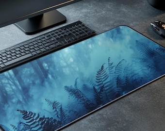 Mystical Forest Desk Mat Blue Fog Woodland Gaming Mouse Pad Nature Aesthetic Office Decor