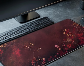 Burgundy Floral Desk Mat, Dark Botanical Desk Pad, Extended Mouse Pad, Floral Workspace Mat