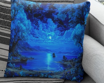 Blue Moonlit Lake Throw Pillow, Celestial Landscape Cushion, Dreamy Fantasy Nature Home Decor, Double Sided Accent