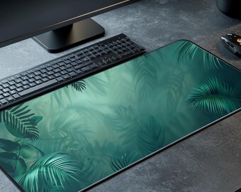 Emerald Botanical Desk Mat - Dark Tropical Leaf Office Mouse Pad, Aesthetic Jungle Workspace Decor, Large Gaming Surface