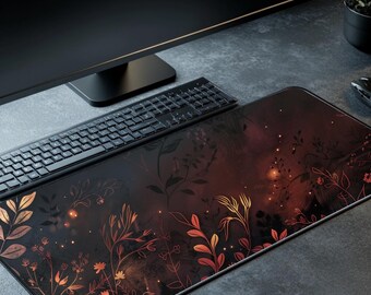 Dark Botanical Desk Mat, Cottagecore Mouse Pad, Aesthetic Workspace Decor, Extended Gaming Mousepad