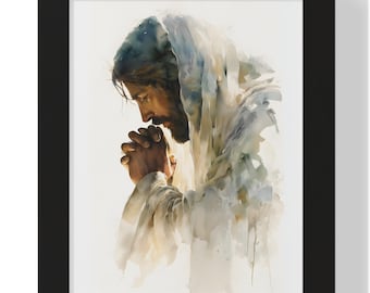 Christian Framed Matte Art | In His Presence Jesus Praying Watercolor