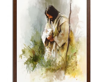 Good Shepherds Embrace | Watercolor Jesus with the Lamb | Christian Framed Matte