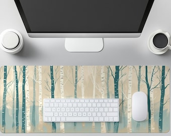 Birch Forest Desk Mat - Woodland Nature Mousepad, Scandinavian Office Decor, Minimalist Workspace Pad