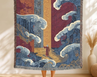 Moses Red Sea Woven Blanket – Christian Biblical Ancient Manuscript Style Jacquard Throw