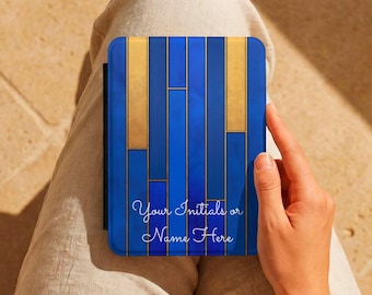 Blue Gold Kindle Case, Art Deco Geometric Kindle Cover, Personalized Kindle Case, Elegant Reader Gift, Book Lover Gift