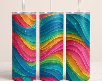 20oz Rainbow Tumbler Wrap PNG | Colorful Waves Design (Digital Download)