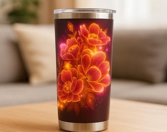 20oz Neon Peony Art Pink Gold Floral Tumbler Wrap | Glowing PNG (Digital Download)