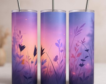 20oz Neon Grass Silhouettes Tumbler Wrap PNG | Dreamy Twilight Meadow Design (Digital Download)