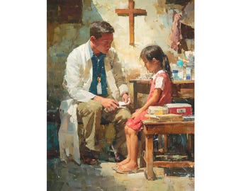 Faith in Action | Healing Hands Beneath the Cross on Canvas | Christian Missionary Art