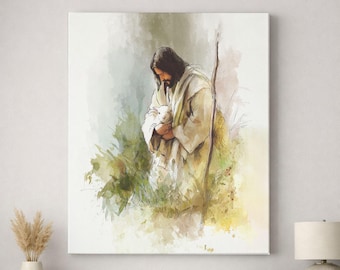 Christian Wall Art Canvas – Good Shepherds Embrace, Jesus with the Lamb