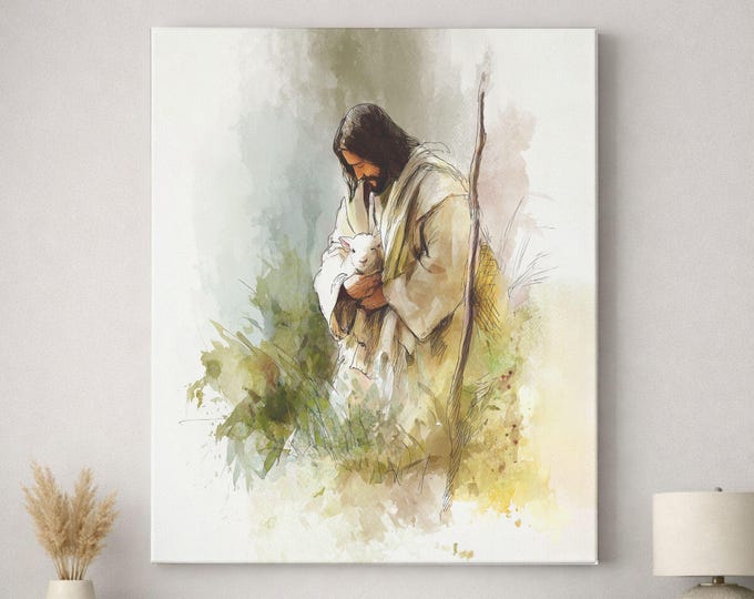 Featured listing image: Christian Wall Art Canvas – Good Shepherds Embrace, Jesus with the Lamb