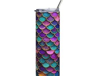 Mermaid Scale Pattern Stainless Steel Tumbler, 20oz | Colorful Fish Scales