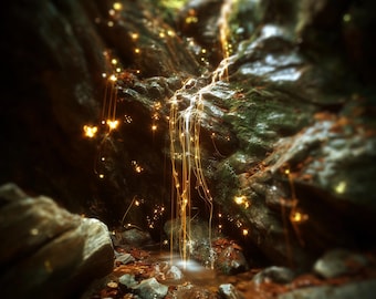 Surreal Waterfall Christian Matte | Angel Wing Sparkle Art | Glowing Ribbons Nature Print