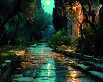 Garden of Gethsemane Night Moonlight Art Digital Download | Christian Artwork
