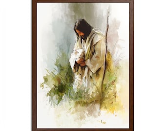 Good Shepherds Embrace | Watercolor Jesus with the Lamb | Christian Framed Matte