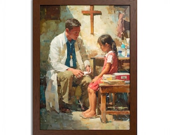 Faith in Action | Healing Hands Beneath the Cross on Framed Matte | Christian Missionary Art