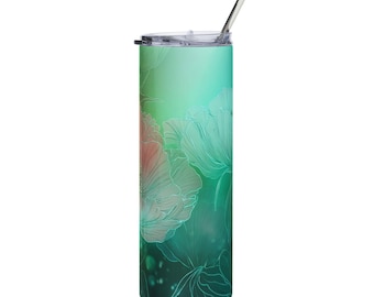 Teal Floral Illustration Tumbler | 20oz Stainless Steel Travel Cup