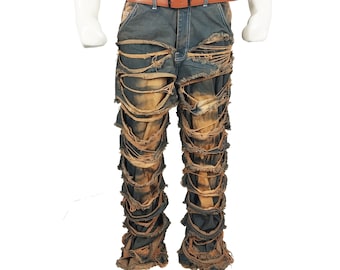 Extreme Distressed Stacked Jeans, Handmade Shredded Denim Pants, Y2K Grunge Streetwear, Custom Luxury Jeans