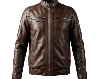 Jaqueta masculina de couro marrom, jaqueta de couro legítimo com zíper, jaqueta feita sob encomenda.