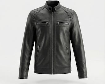 Men’s Black Leather Jacket Quilted Shoulder Moto Jacket Custom Made Real Leather Jacket