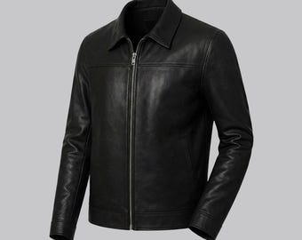 Jaqueta masculina de couro preto feita à mão – modelo minimalista com zíper.