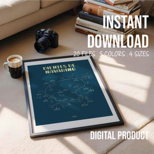 May include: A framed map print of Dientes de Navarino in Chile, with a dark teal background and light gold text. The image includes a camera, a coffee mug, and a stack of books. Text on the image reads "INSTANT DOWNLOAD" and "DIGITAL PRODUCT".