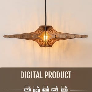 May include: A wooden, mid-century modern style pendant light fixture. The light has a unique, layered design with a warm, glowing bulb at its center. The text "DIGITAL PRODUCT" is displayed below the light, along with file type icons.