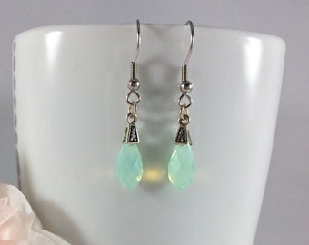 Swarovski crystal green teardrop earrings, gift for her, bridesmaid gift, hook earrings, silver earrings