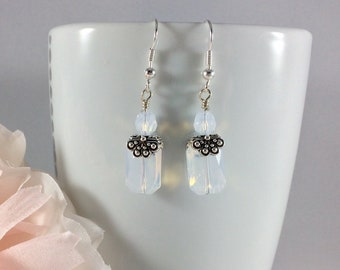 Emerald Cut Swarovski Crystal Earrings, white opal earrings, silver earrings, gift for her, bridal earrings, Mother's Day