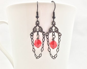 Swarovski gothic earrings, black Victorian earrings, cosplay jewelry, witch earrings, steampunk earrings, blood red crystals,costume jewelry