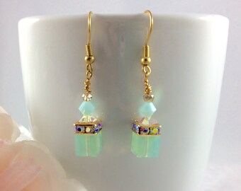 Swarovski crystal green cube earrings, gift for her, bridesmaid gift, hook earrings, gold earrings, Mother's Day