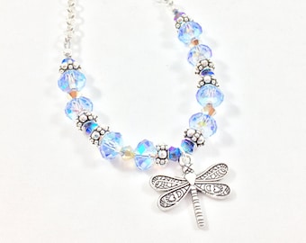 Swarovski crystal dragonfly necklace, blue dragon fly necklace, gift for her, Mother's Day, spring jewelry, birthday, Christmas gift