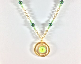 Swarovski pendant in lime green on gold chain, gift for her, Mother's Day, spring fashion, pearl necklace