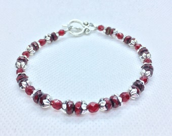 Red Czech glass bracelet, gift for her, Christmas, birthstone, January, July, elegant, simple jewelry