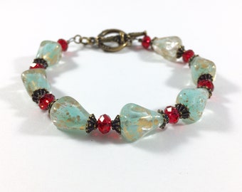 Green and Gold Czech Glass and Scarlet Swarovski Briolette Bracelet, vintage bracelet, gift for her, Christmas bracelet