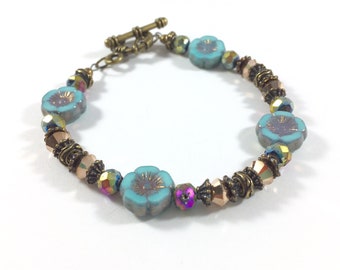 Rainbow Druzy Bracelet with Czech Glass Flowers and Swarovski Beads, gift for her, agate bracelet, gold bracelet, something blue