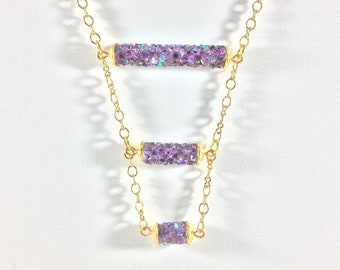 Purple Swarovski Fine Rock Tube Bead Ladder Necklace, amethyst necklace, gift for her, gold necklace