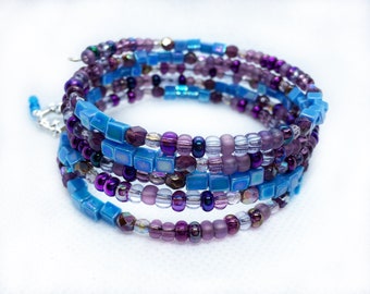 Celestial glass bead memory wire bracelet, moon and stars charm, gift for her, blue, purple jewelry