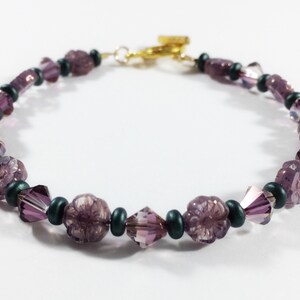 Purple Czech Glass Flower and Swarovski Bicone Bracelet, gift for her, gold bracelet, beaded bracelet, spring bracelet
