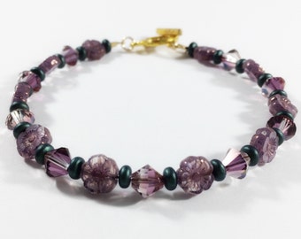 Purple Czech Glass Flower and Swarovski Bicone Bracelet, gift for her, gold bracelet, beaded bracelet, spring bracelet