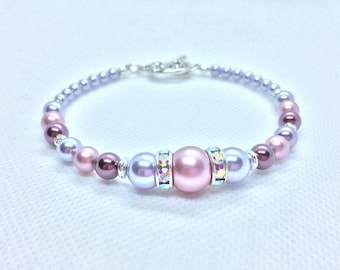 Swarovski pearl bracelet jewelry, gift for her, purple, pink, elegant bracelet, silver bracelet