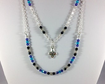 Beaded Chain Fleur de Lis Necklace with Swarovski crystals, multi strand necklace, gift for her, silver necklace